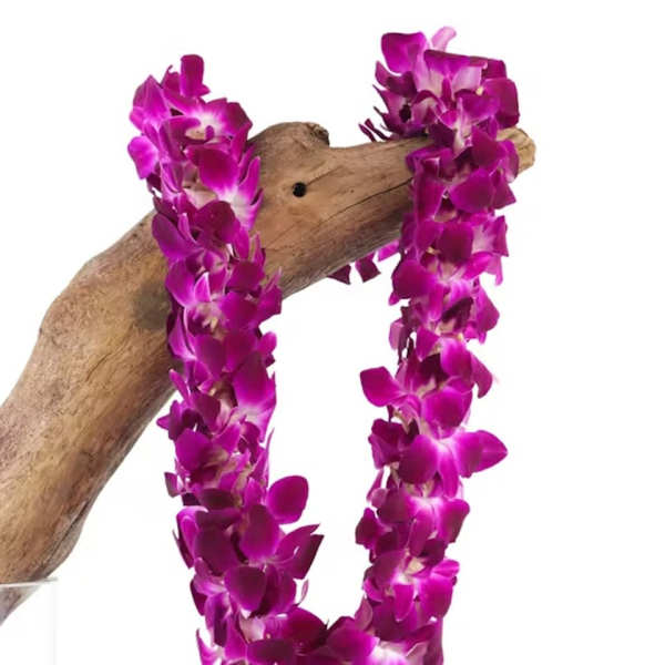 Purple orchid lei draped over a curved piece of driftwood