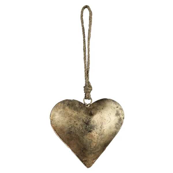 Heart-shaped metal ornament hanging from a rope loop