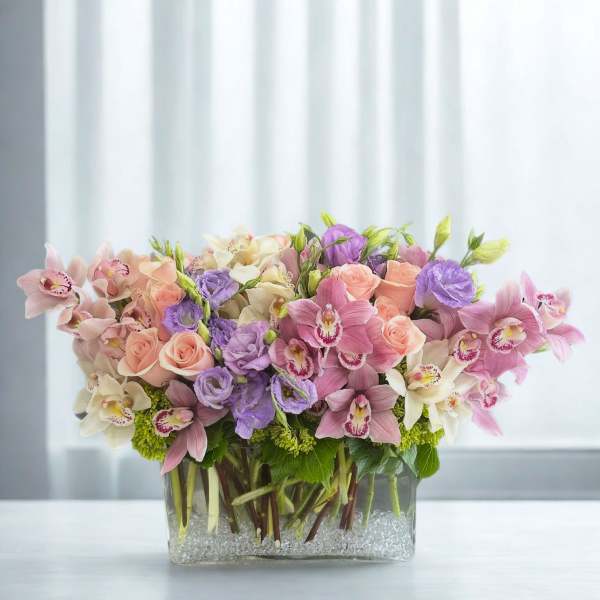 Arrangement of pink, purple, and white flowers in a clear rectangular vase