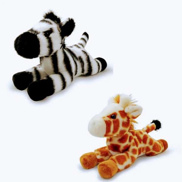 Two plush toy giraffes, one zebra-striped and one orange-spotted, on a white background.