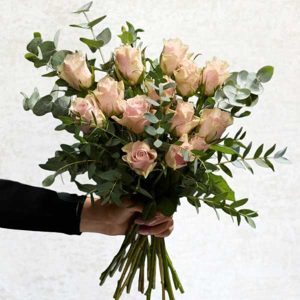 Handheld bouquet of pale pink roses with eucalyptus