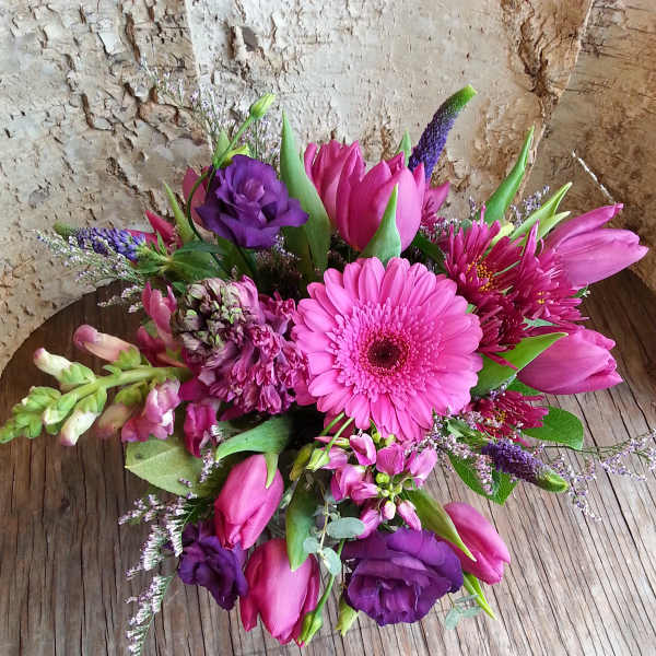 Pink and purple mixed bouquet with tulips and gerbera daisies