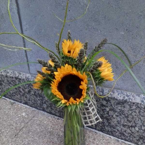 Sunflower arrangement in a tall glass vase with curly grass accents