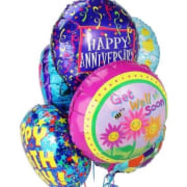 Cluster of colorful foil balloons with anniversary and get well messages