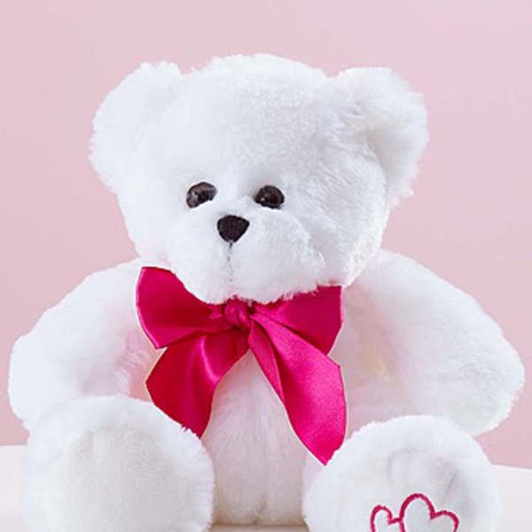 White teddy bear plush with a bright pink bow and heart embroidery on its paw