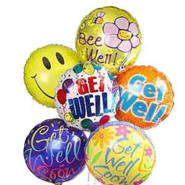Cluster of colorful get-well balloons with cheerful messages