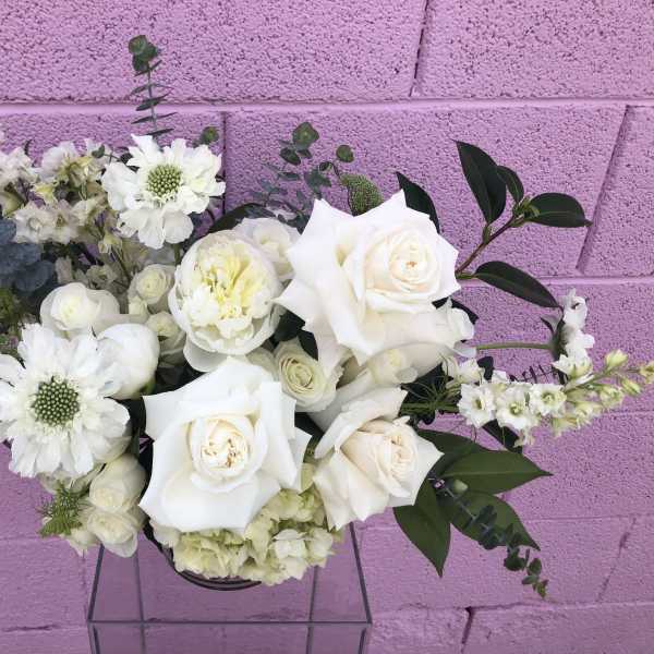 White roses and mixed white flowers in a low arrangement against a pink wall