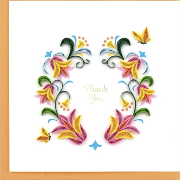 Colorful paper quilling thank-you card with floral and butterfly motifs