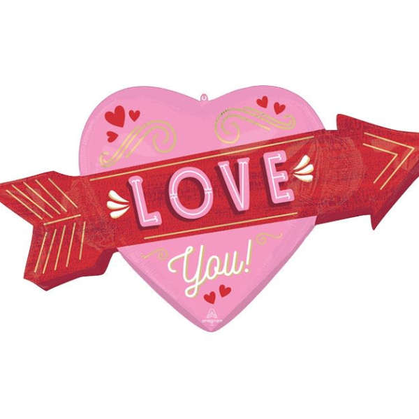 Pink heart-shaped balloon with a red arrow reading "LOVE You!"