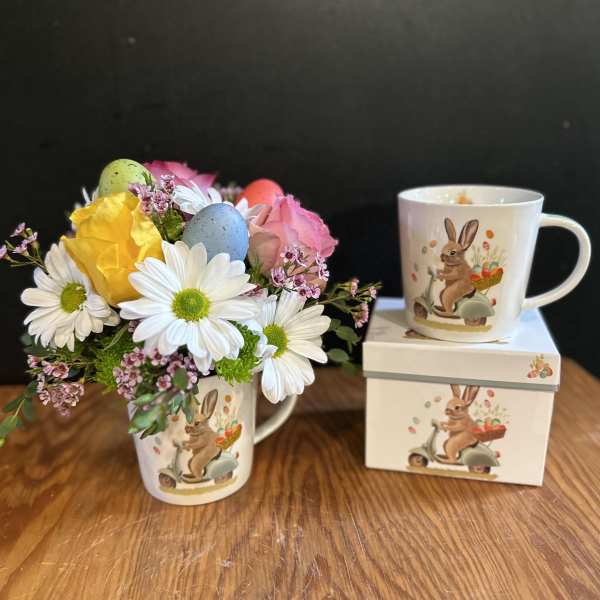 Easter bouquet in a bunny mug with a matching mug and box
