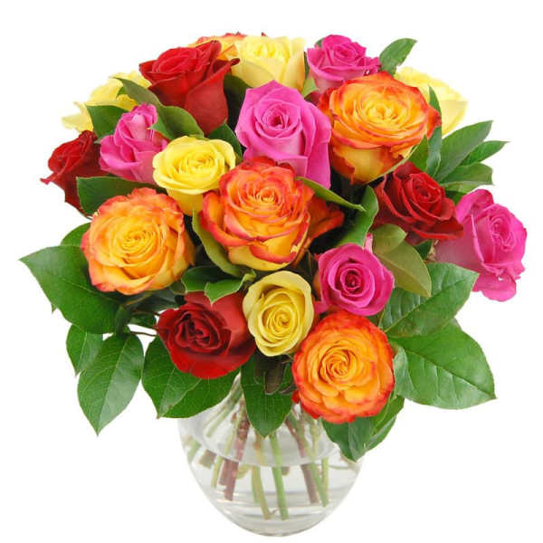 Bouquet of multicolored roses in a clear glass vase