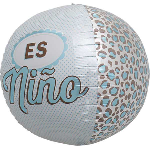 Round foil balloon with "Es Niña" text in blue and brown patterns