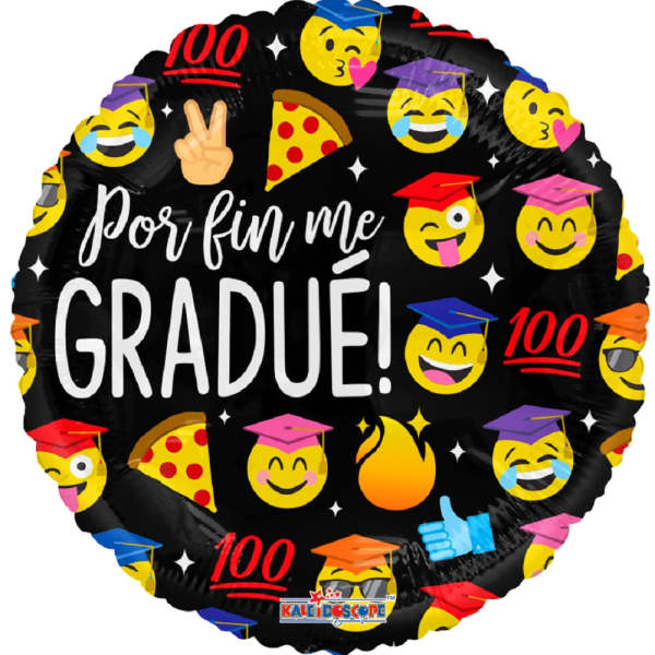 Round black graduation balloon with emoji faces and "por fin me gradué" text