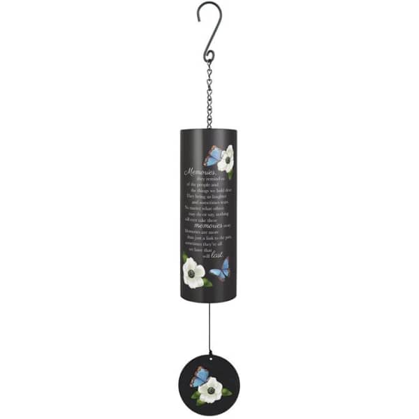 Black hanging wind chime with white flowers and blue butterflies