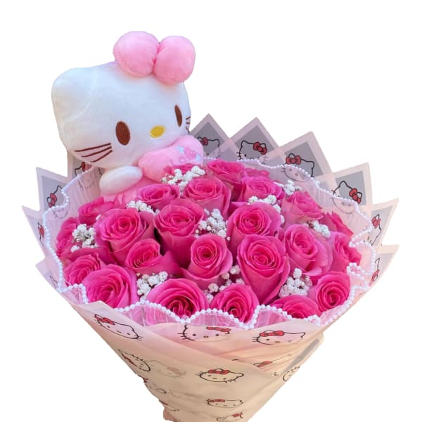 Pink rose bouquet with a Hello Kitty plush topper