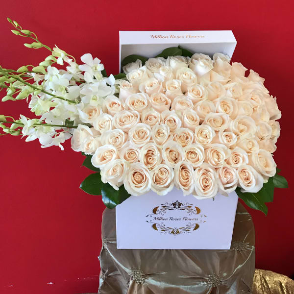 Cream roses arranged in a white box with white orchids