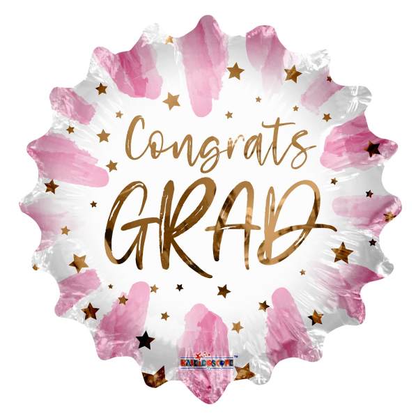 Round pink and white foil balloon reading Congrats Grad