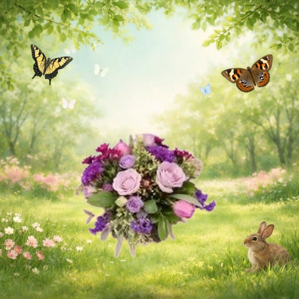Round bouquet of lavender roses and purple blooms against a whimsical meadow with butterflies