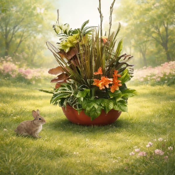 Potted floral arrangement with orange blooms and tall grasses in a terracotta bowl