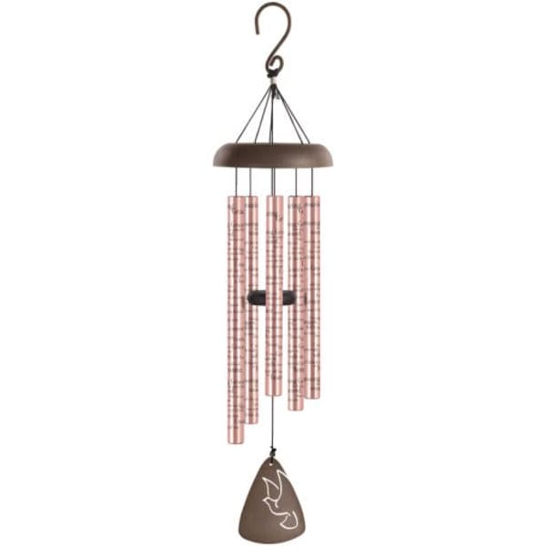 Brown wind chime with pink metal tubes and a dove-shaped pendant