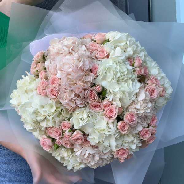Large bouquet of pale pink roses and white hydrangeas wrapped in translucent paper