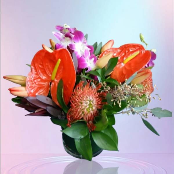 Tropical arrangement with orange anthuriums, pincushion protea, lilies, and purple orchids in a low glass vase
