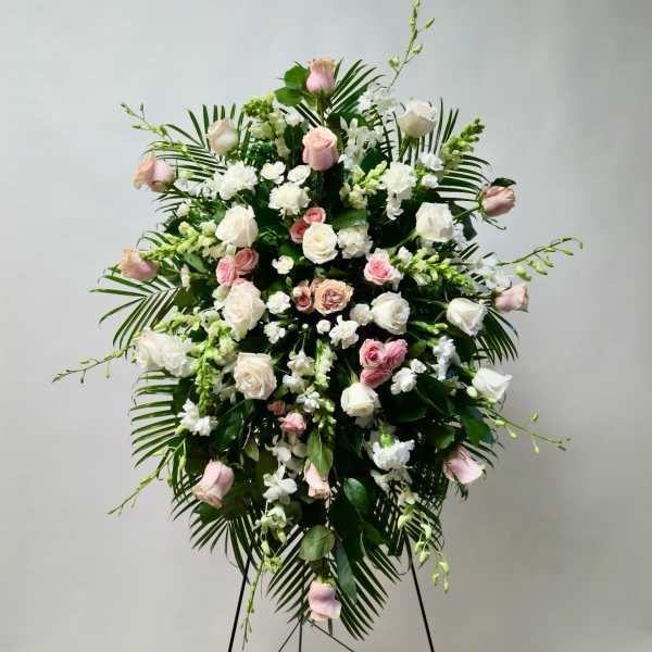 Standing floral spray with pink and white roses on a tripod easel