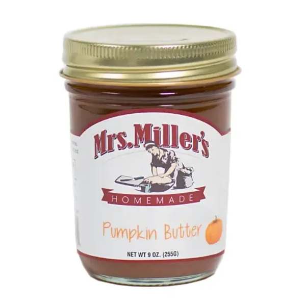 Jar of Mrs. Miller's homemade pumpkin butter with a gold lid