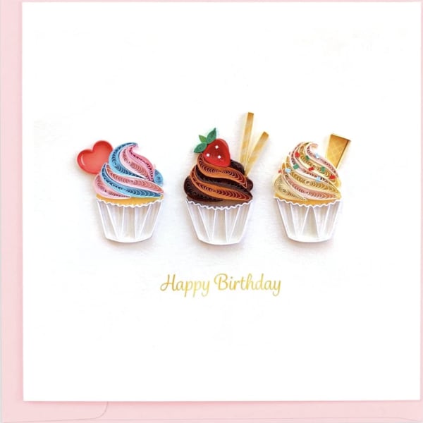 Birthday card with three paper cupcakes and a heart accent