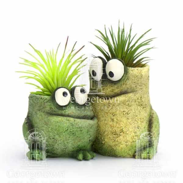 Two whimsical potted plants with googly eyes sit side by side.