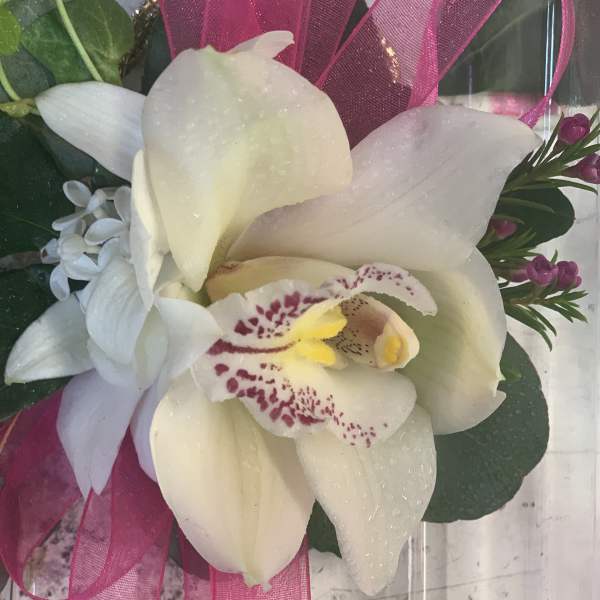 White orchid bouquet with pink ribbon and greenery