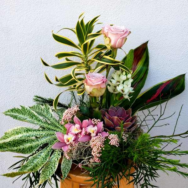 Pink roses and orchids in a mixed tropical arrangement
