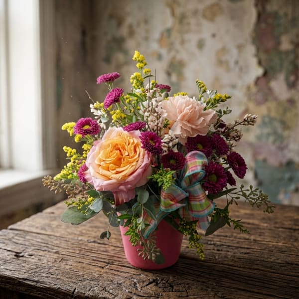 Pink and peach flowers arranged in a small pink pot with a plaid ribbon