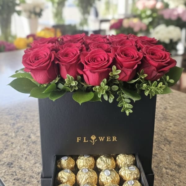 Lovely roses in Box with Chocolates (RED ROSES)
