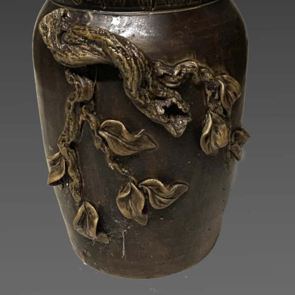 Potted aloe plant in a carved brown ceramic container