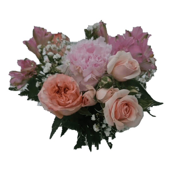 Pink and peach roses with baby’s breath in a bouquet