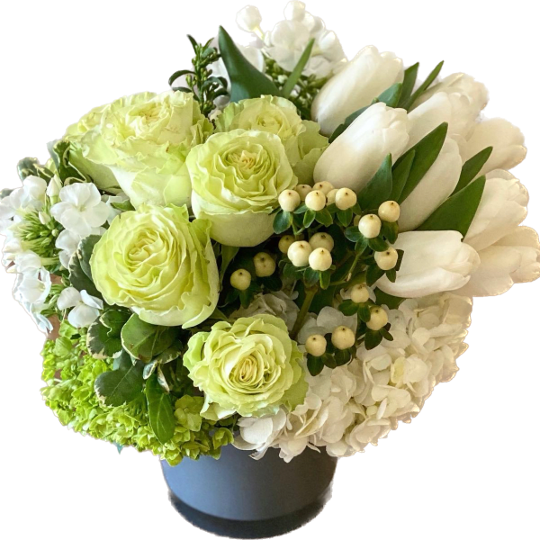 White and pale green bouquet in a dark vase