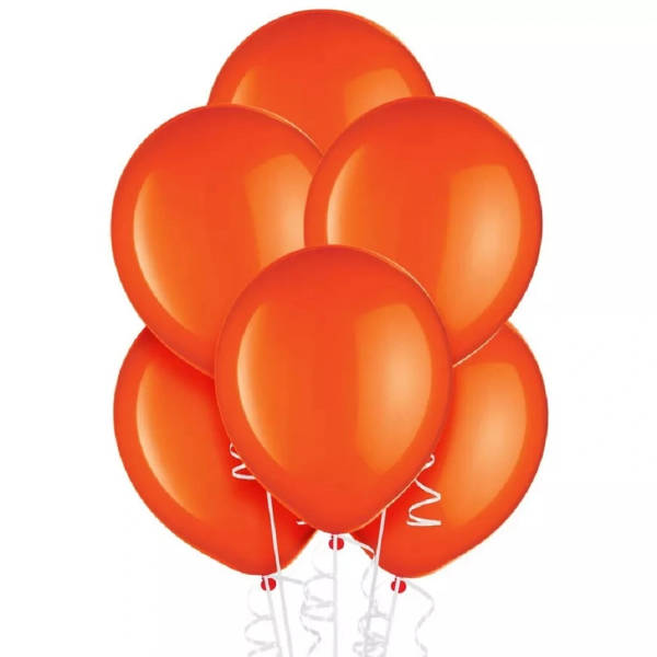 Cluster of orange balloons with white curling ribbons