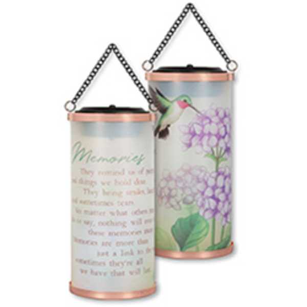 Two hanging memorial candle lanterns with floral and hummingbird designs