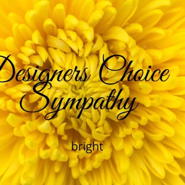 Yellow chrysanthemum with "Designers Choice Sympathy" text overlay