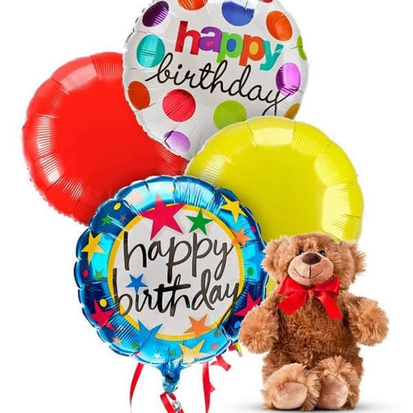 Birthday balloons with a teddy bear and colorful polka dots