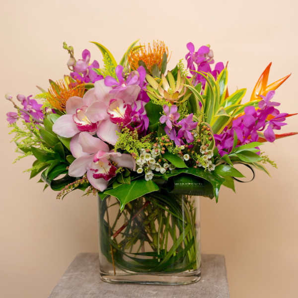 Tropical bouquet with orchids and orange pincushion blooms in a glass vase