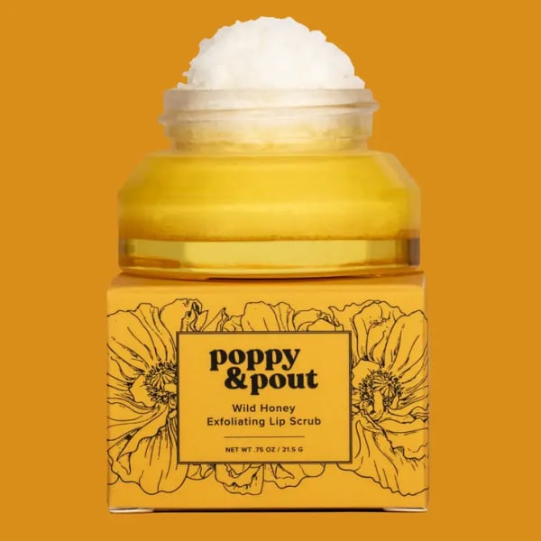 Jar of Poppy & Pout Wild Honey lip scrub with a white cap