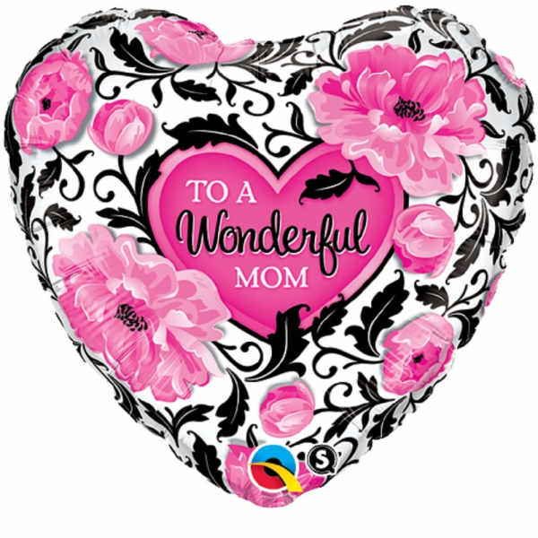 Heart-shaped balloon with pink flowers and the words "To a Wonderful Mom"