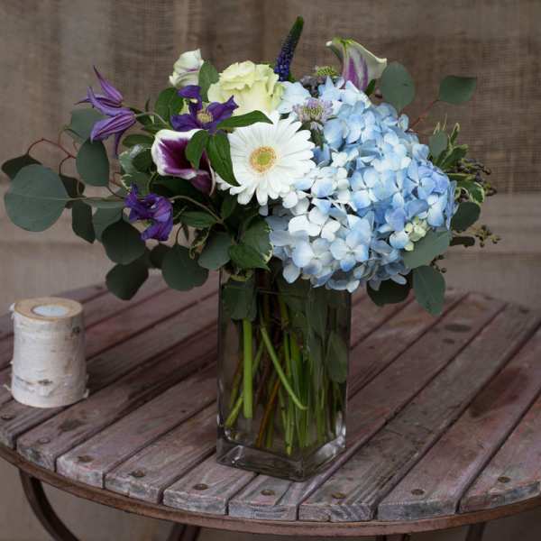 Bouquet of blue hydrangeas, white gerbera daisy, and purple blooms in a glass vase