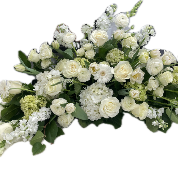 Large white floral spray with roses and mixed blooms