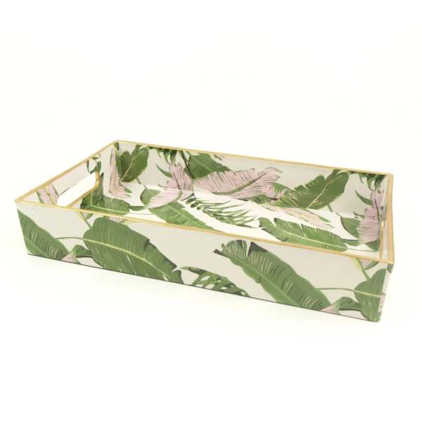 Rectangular decorative tray with a tropical leaf pattern and gold trim
