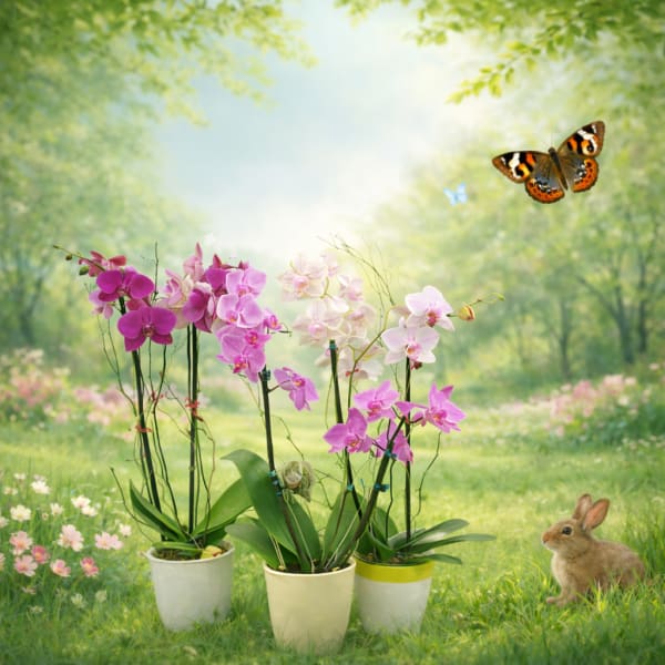 Three potted orchid plants with pink and white blooms in a garden scene.