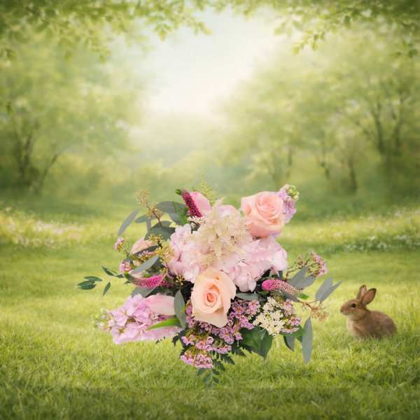 Pink and peach floral bouquet with a rabbit in a grassy field
