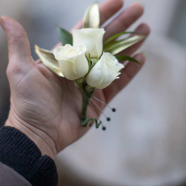 Small white rose boutonniere held in a hand